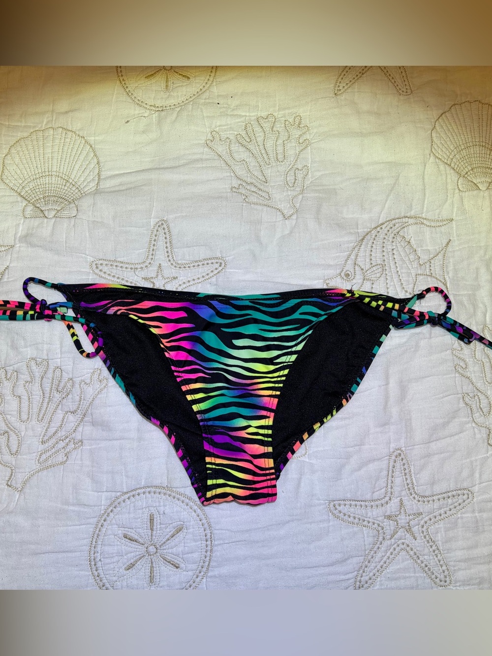 OP Sexy & Eye Catching Neon Rainbow Zebra Tie-Side Bikini Bottom. Large